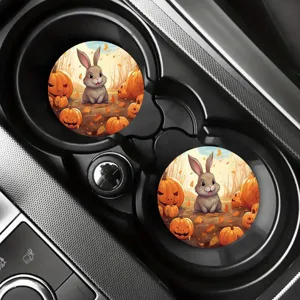 Cute autumn bunny car coasters set of two, cute pumpkin cup holder drink coasters for auto.