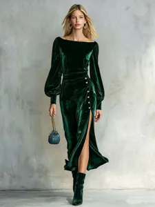 Stunning velvet evening dress with off-shoulder, lantern sleeves, and high side slit.