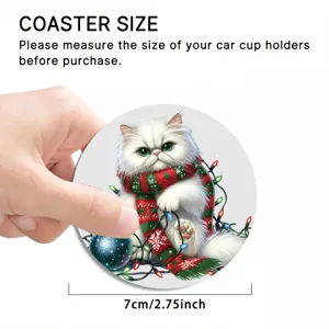 Cute Christmas cat car cup coaster detail view, 7cm diameter anti-slip silicone drink mat.