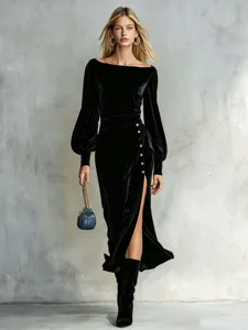 Elegant black velvet off-the-shoulder midi dress with lantern sleeves and a chic side slit.