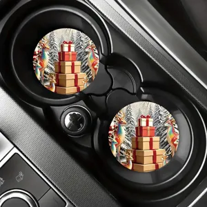 Christmas Car Coasters Set, Festive Reindeer and Gift Box Printed Absorbent Ceramic Coasters