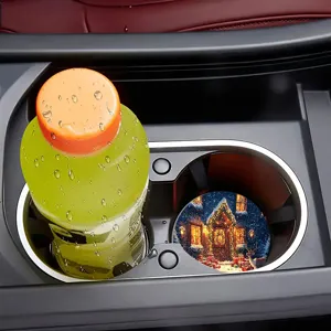 Christmas car cup coaster with holiday snowy house design, absorbent drink coaster for auto.
