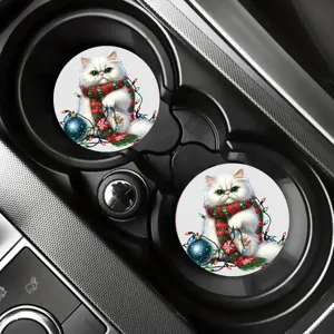 Christmas cat car cup coaster detail view, non-slip absorbent insert for vehicle interior.