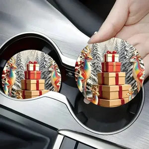 Christmas car cup coaster set, anti-slip absorbent ceramic insert pad for auto interior decor.