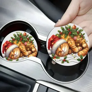 Christmas cat car cup coaster absorbent ceramic drink holder insert festive holiday decor pad.
