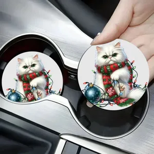 Cute Christmas cat car coaster, absorbent ceramic cup holder insert, non-slip auto drink mat.