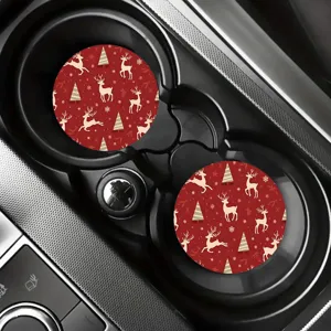 Christmas car coasters set, red holiday theme cup mats with cute reindeer & snowflake patterns.