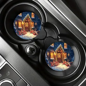 Christmas car cup coasters set, festive snow scene decorative absorbent mats for vehicle interiors.