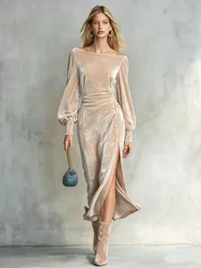 Elegant champagne velvet off-shoulder long dress with lantern sleeves and side slit.