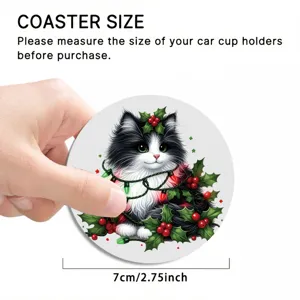 Christmas cat car coaster detail view, absorbent ceramic cup holder mat with cute holiday design.