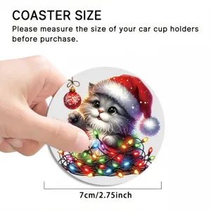 Detail shot of the cute Christmas cat car coaster, showing 7cm size and clean cup pad design.