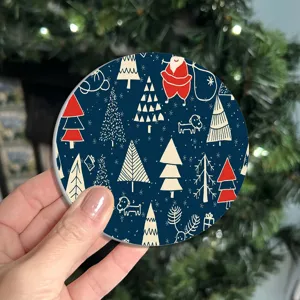 Round Christmas non-slip car cup coaster with festive pattern for home and auto decor.