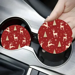 Christmas car coaster detail showing festive reindeer and tree pattern design clearly.