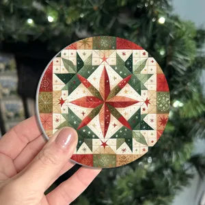 Sous-verre rond sapin de Noel, tapis de tasse a motif patchwork festif, resistant a la chaleur.