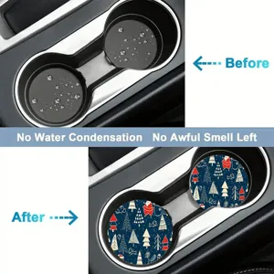 Detail view of Christmas themed car cup coasters installed in a vehicle holder for a clean look.