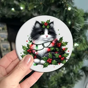 Christmas cat ceramic coaster with cute fluffy kitten and holiday holly design for home