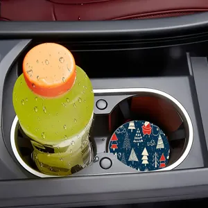 Non-slip car cup holder coaster featuring a festive Christmas tree pattern for auto interiors.