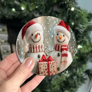Round Christmas snowman coaster with gift box design, perfect for home and coffee shop decor.