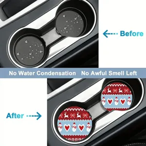 Christmas car cup holder coasters detail showing absorbent and anti-odor features in vehicle.