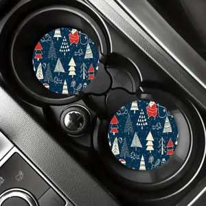 Close-up detail of Christmas pattern car cup coasters placed neatly in car cup holder.