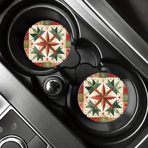 Sous-verre de voiture de Noël, tapis de tasse rond en silicone avec design patchwork d'étoile.