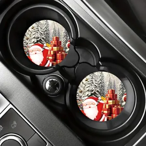 Christmas car cup coasters set, non-slip absorbent cup holder mats with cute Santa Claus design.