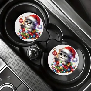 Christmas cat car cup coasters, cute holiday absorbent ceramic or rubber auto drink coasters.