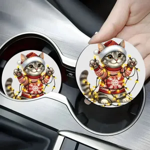 Posavasos de Silicona Gato de Navidad Redondo Alfombrilla de Mesa Termorresistente Lindo Animal Fiesta de Vacaciones Decoración de Escritorio