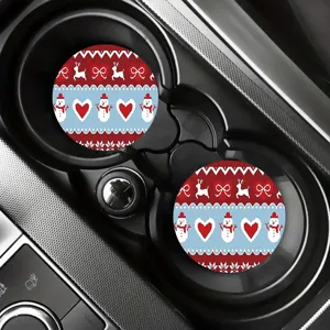 Christmas car cup coasters set, festive nordic sweater pattern absorbent ceramic coasters for vehicle.