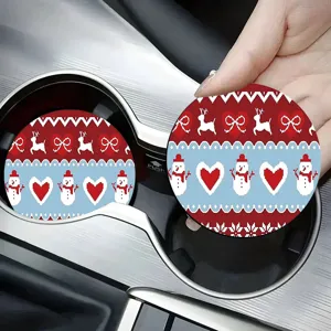 Christmas car coasters set, cute snowman and reindeer holiday absorbent ceramic round cup mats.