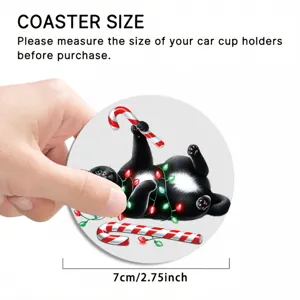 Cute Christmas black cat car coaster, non-slip silicone cup holder mat, 7cm diameter.