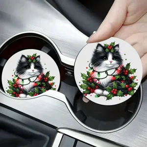 Christmas cat car coasters absorbent ceramic cup holder mats set of 2 holiday auto interior decor