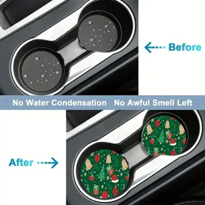 Christmas car cup coasters absorbent non-slip pads auto interior holiday decor set of 2