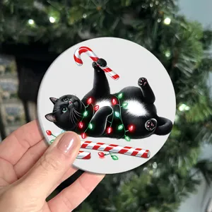 Christmas black cat coaster detail view, cute holiday design for home decor and table protection.