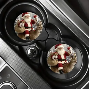 Christmas car cup coasters set, Santa Claus and reindeer absorbent ceramic auto cup holders.