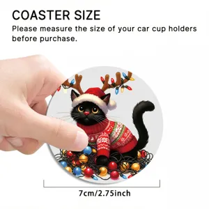Christmas black cat car cup holder coaster 7cm 2.75inch cute holiday auto interior decor
