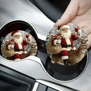 Christmas Santa car cup holder coasters, absorbent non-slip festive auto interior drink pad.