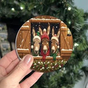 Festive Christmas donkey pattern round coaster detail, perfect for home and cafe table decor.