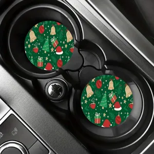 Christmas car coasters set, festive green holiday pattern interior decoration details.