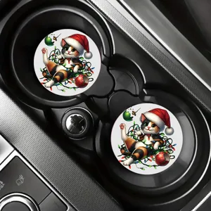 Posavasos de coche de gato de Navidad, alfombrilla redonda de silicona para portavasos 2pcs.