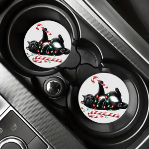 Cute Christmas black cat car cup holder coasters, festive auto interior anti-slip drink mats.