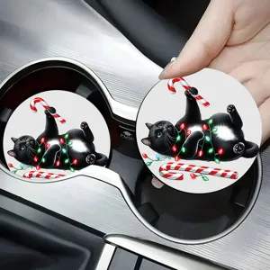 Cute Christmas black cat car cup holder coaster absorbent ceramic drink coasters set