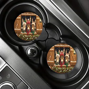 Christmas car coasters set of 2 absorbent ceramic cup holders winter holiday home decor.