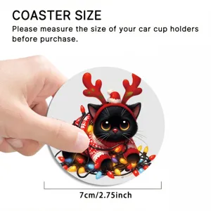 Cute Christmas black cat car coaster with reindeer antlers, 7cm absorbent cup mat.