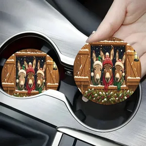 Christmas car coaster cute donkey holiday absorbent ceramic cup holder mat for auto interior