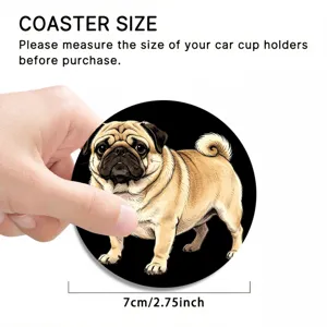 Non-slip car cup holder coaster featuring a cute pug dog design, 7cm diameter drink mat.