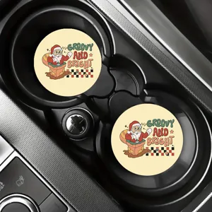 Retro Santa car cup holder coaster set, holiday themed drink coasters for auto interior setup.