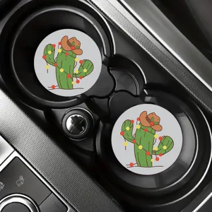 Cute cartoon cactus car cup coaster set, non-slip soft rubber vehicle drink holder insert.