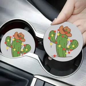Round Silicone Car Coaster Cute Cartoon Cactus Christmas Reindeer Anti-slip Heat Resistant Interior Accessory For Vehicle Cup Holder Cup Mat