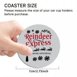 Round car coaster with Christmas reindeer design, anti-slip rubber cup holder mat 7cm.